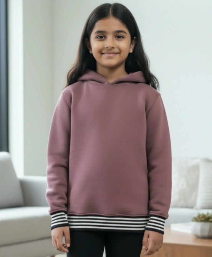 SAND BASIC RIBBED GIRLS FLEECE HOODIE - SAND