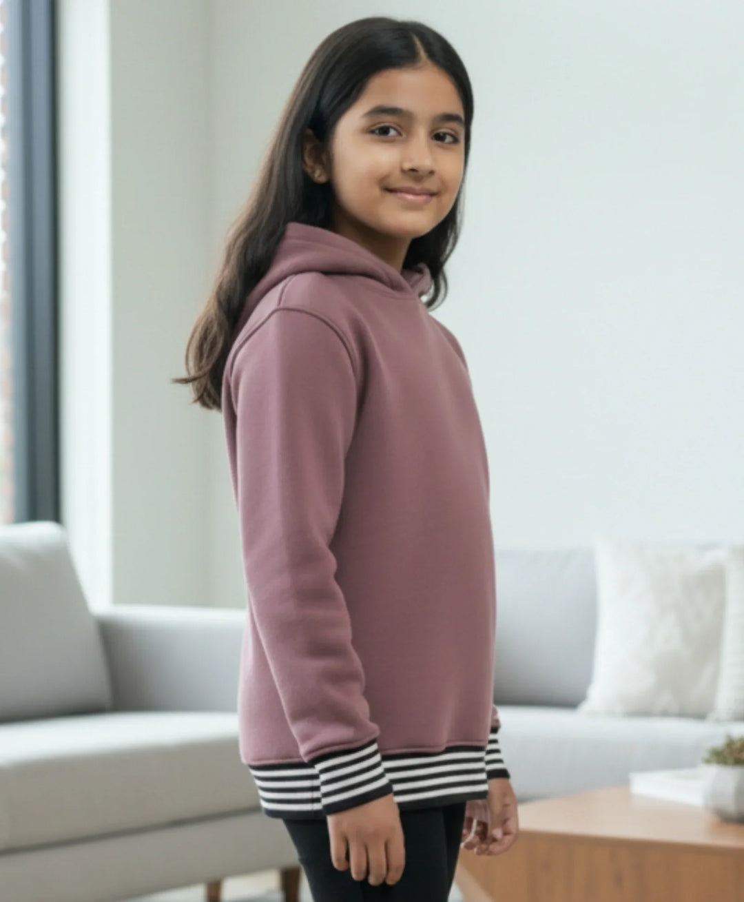 SAND BASIC RIBBED GIRLS FLEECE HOODIE - SAND