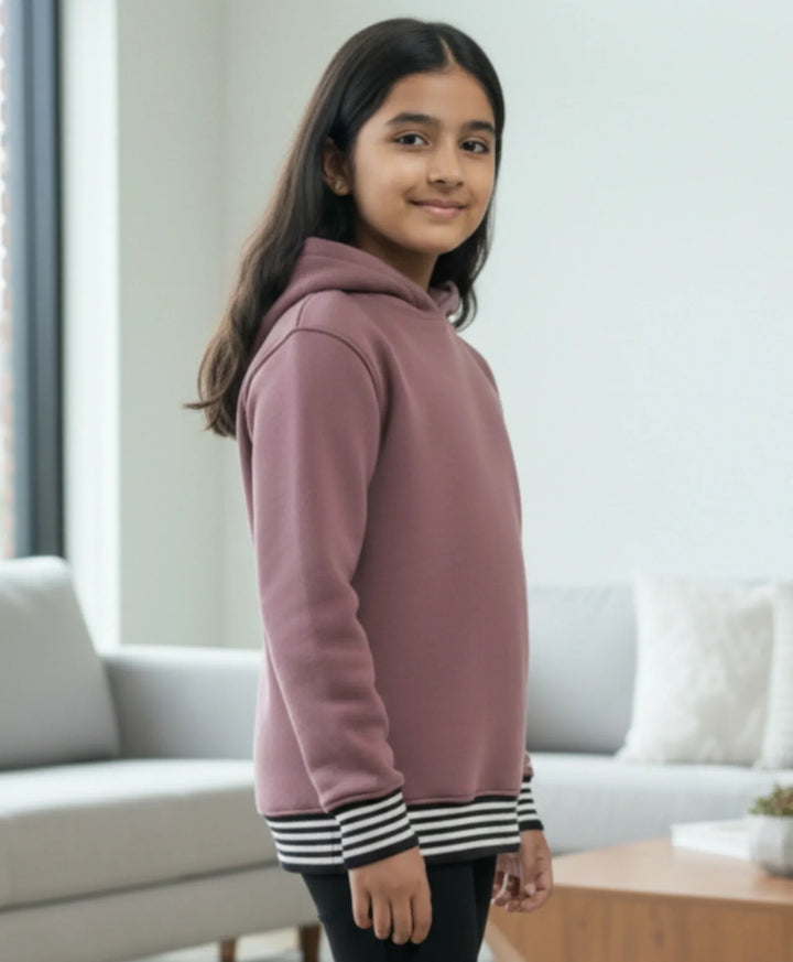 SAND BASIC RIBBED GIRLS FLEECE HOODIE - SAND