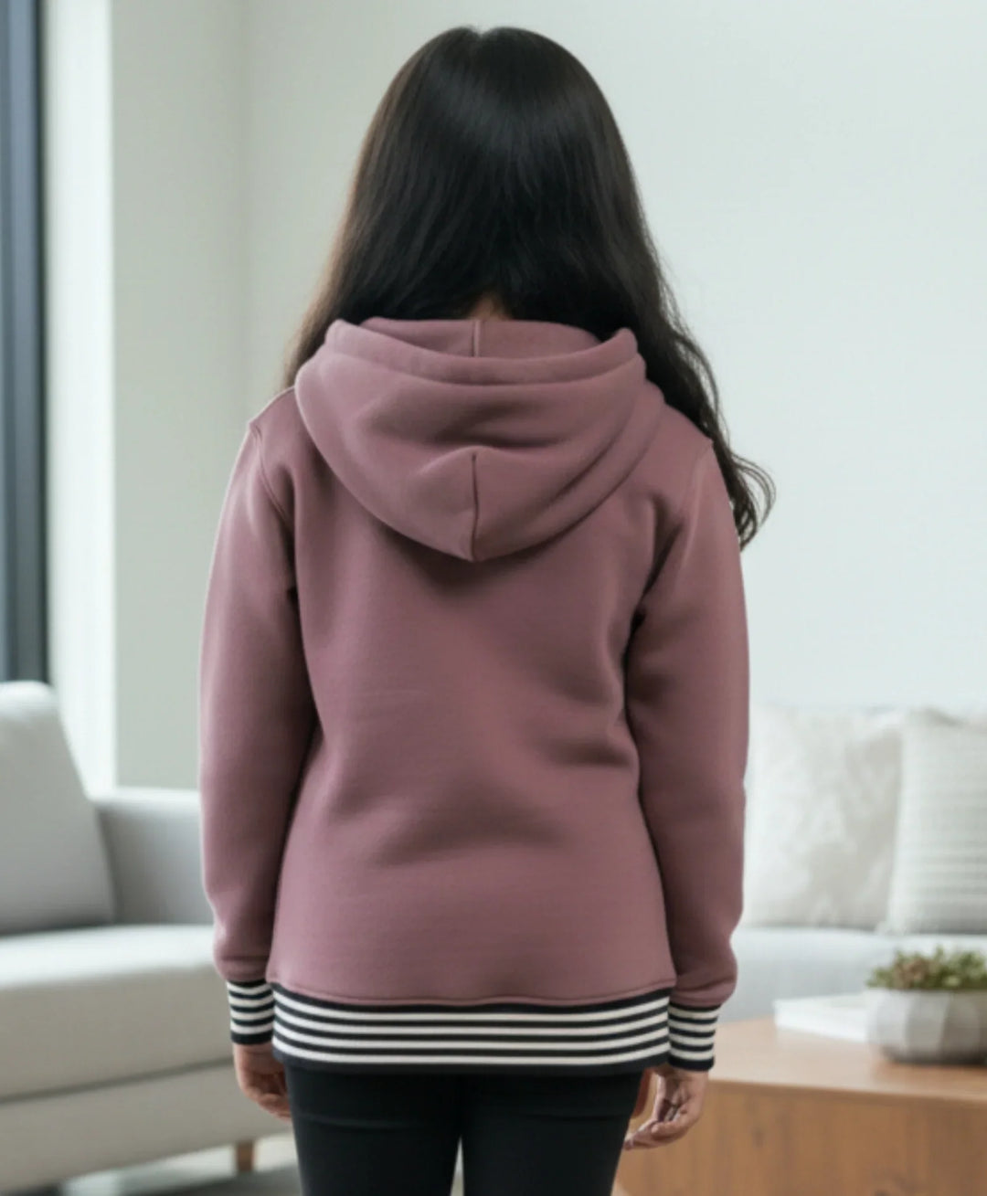 SAND BASIC RIBBED GIRLS FLEECE HOODIE - SAND