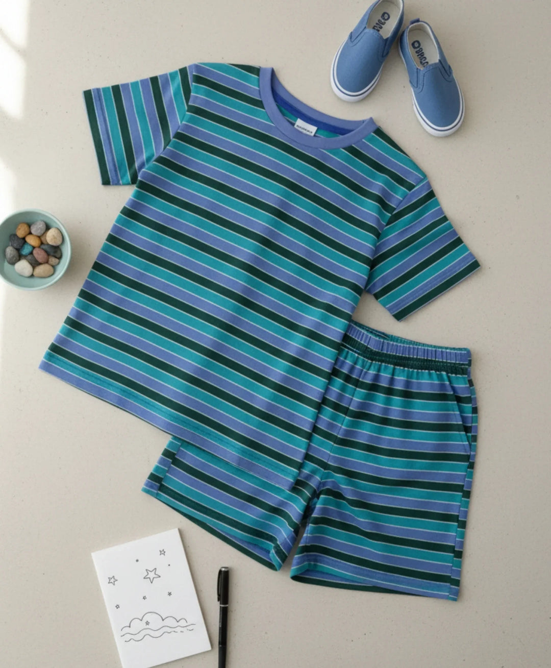 Green Olive Blue Girls Stripe Sleepwear Short Set - Green/Blue