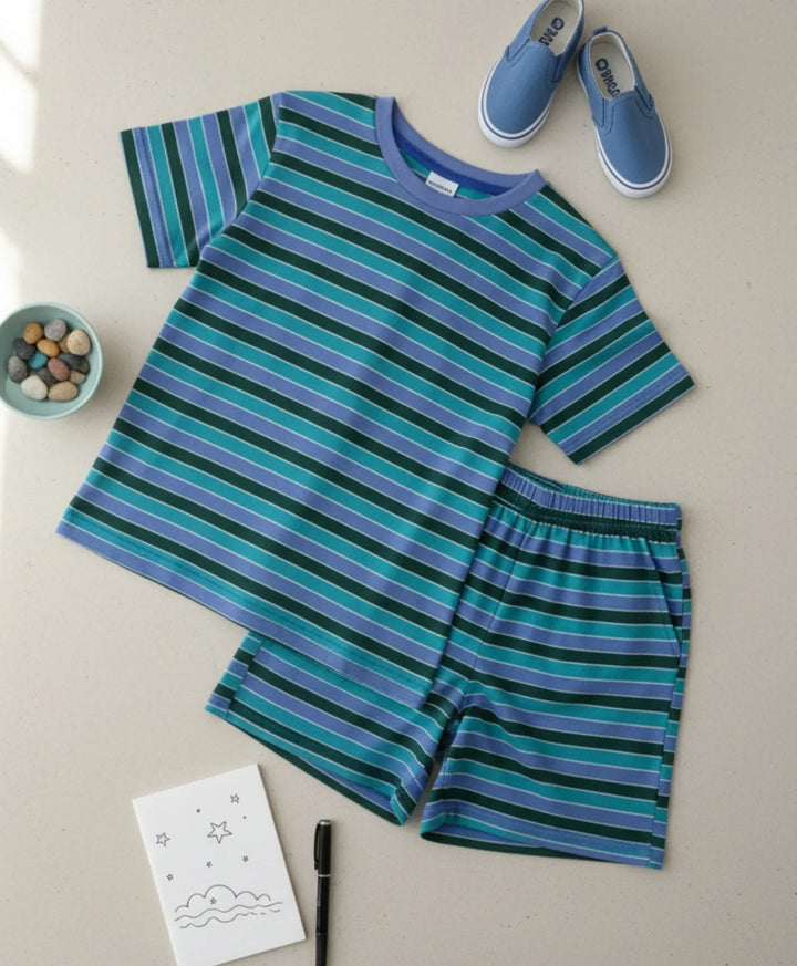 Green Olive Blue Girls Stripe Sleepwear Short Set - Green/Blue