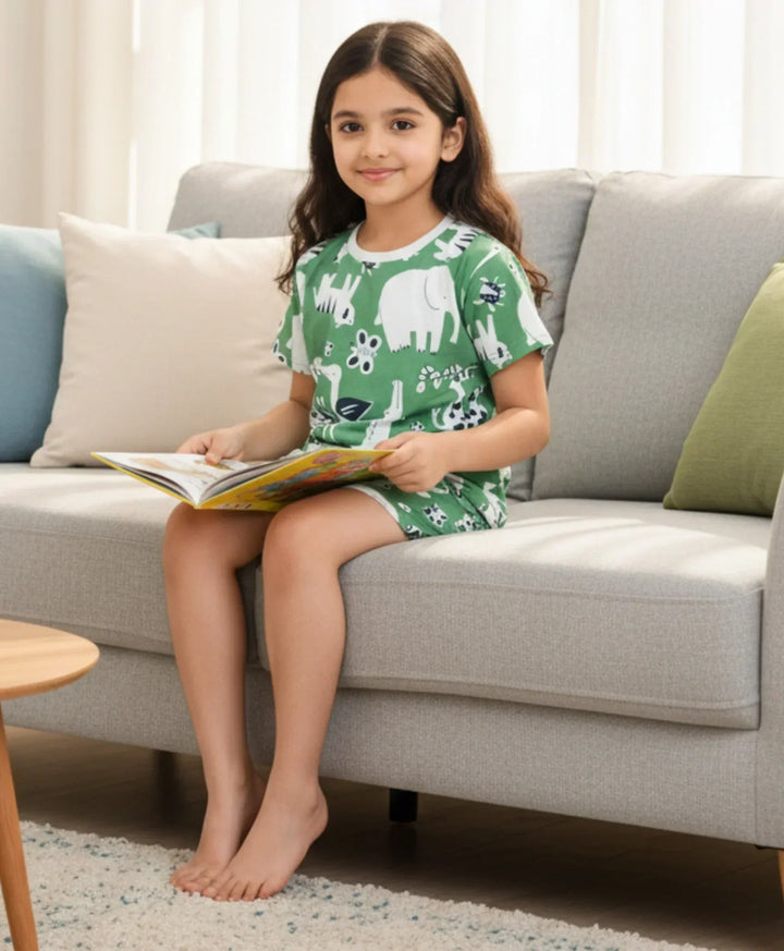 ANIMAL GREEN GIRLS SLEEPWEAR SHORT SET - GREEN - Anthrilo 
