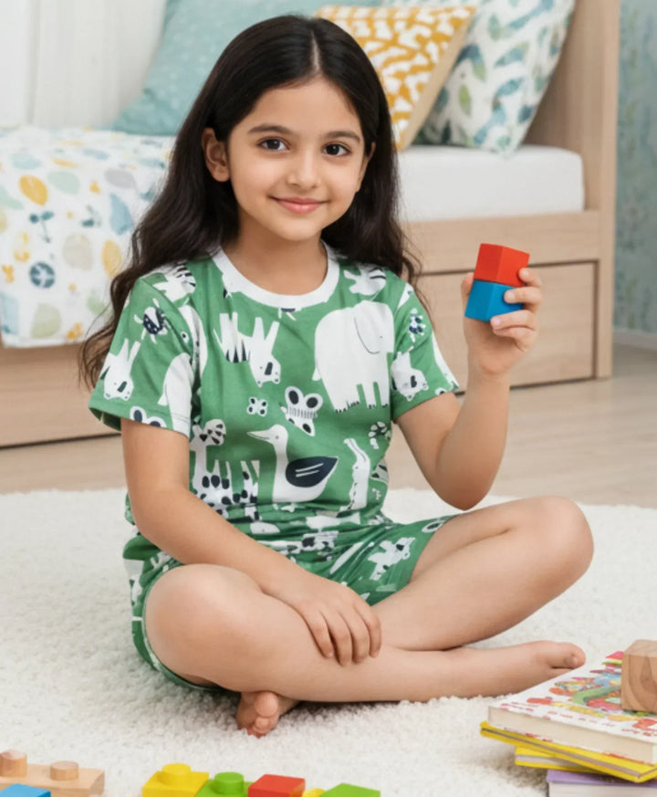 ANIMAL GREEN GIRLS SLEEPWEAR SHORT SET - GREEN - Anthrilo 