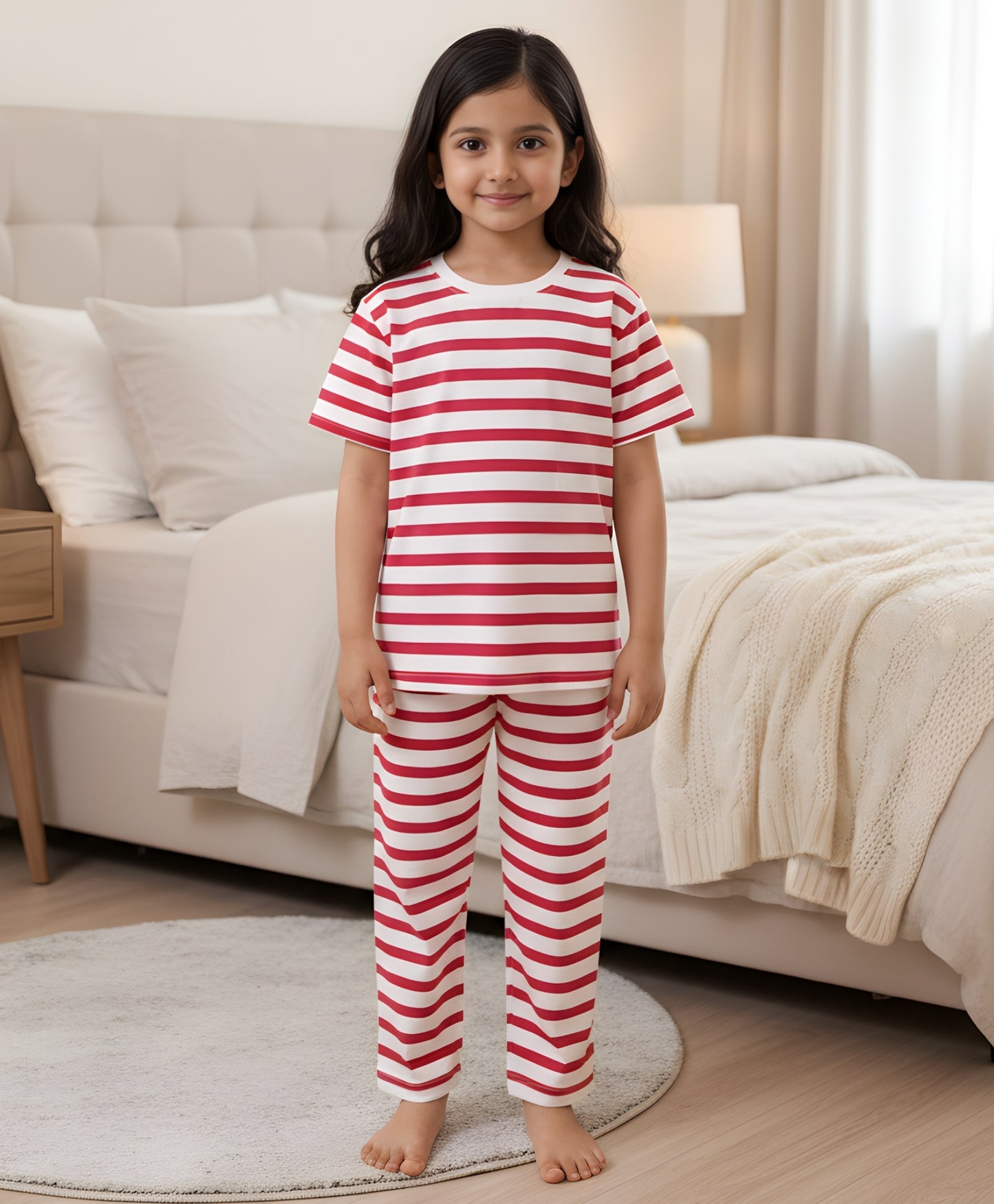 RED WHITE STRIPE SHORT GIRLS SLEEVE PYJAMA SET - RED/WHITE