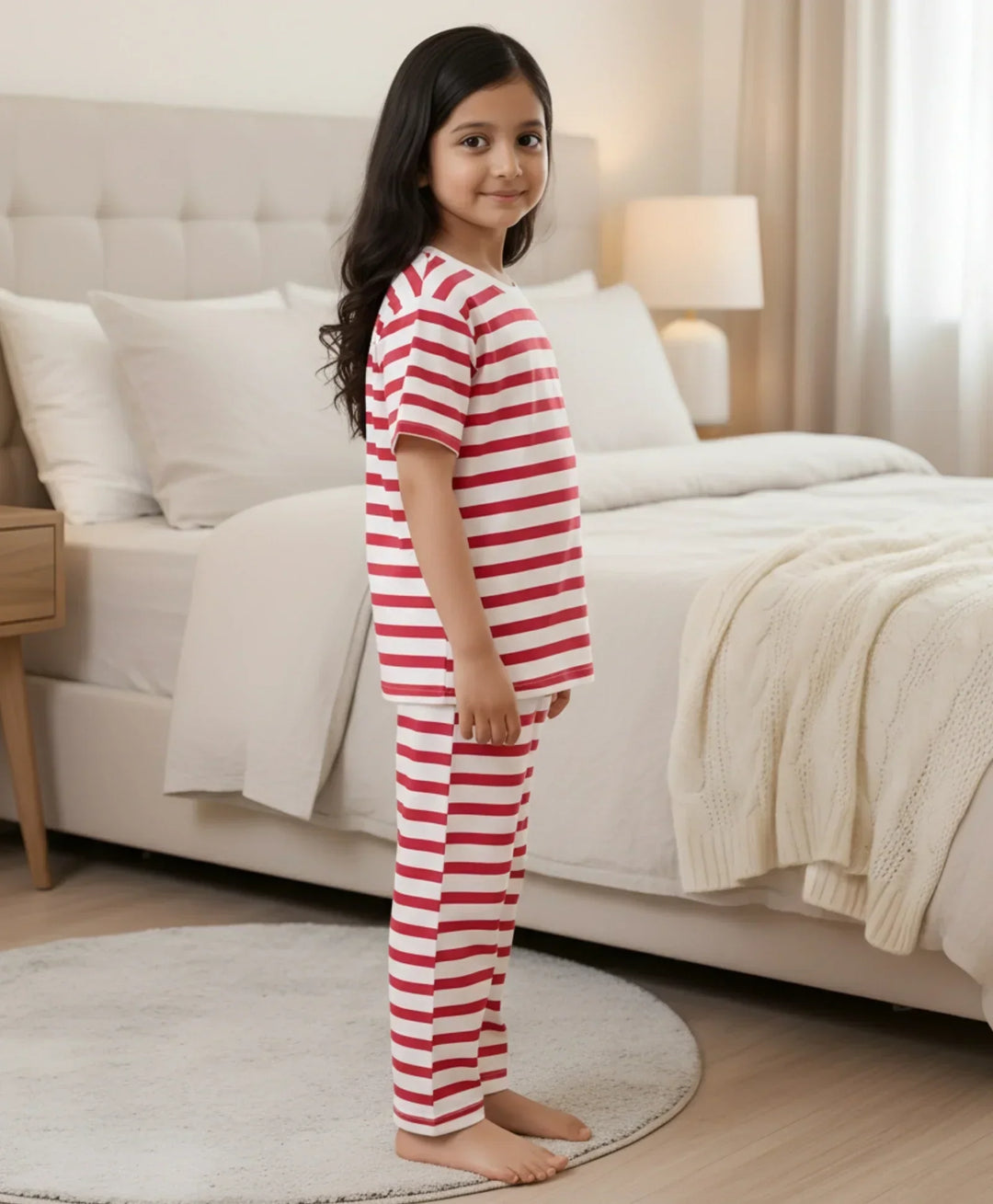 Red White Stripe Short Girls Sleeve Pyjama Set - Red/White