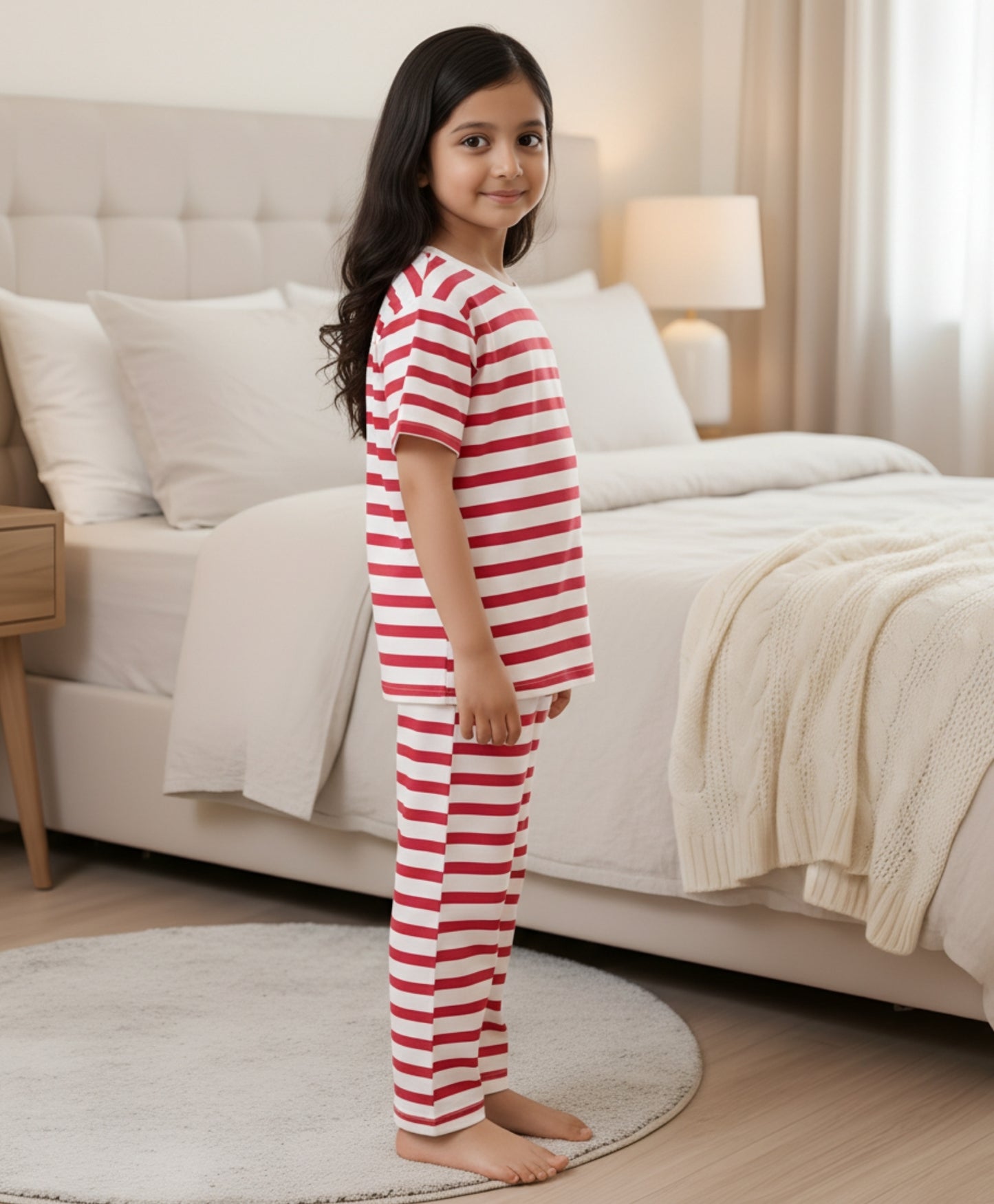 RED WHITE STRIPE SHORT GIRLS SLEEVE PYJAMA SET - RED/WHITE
