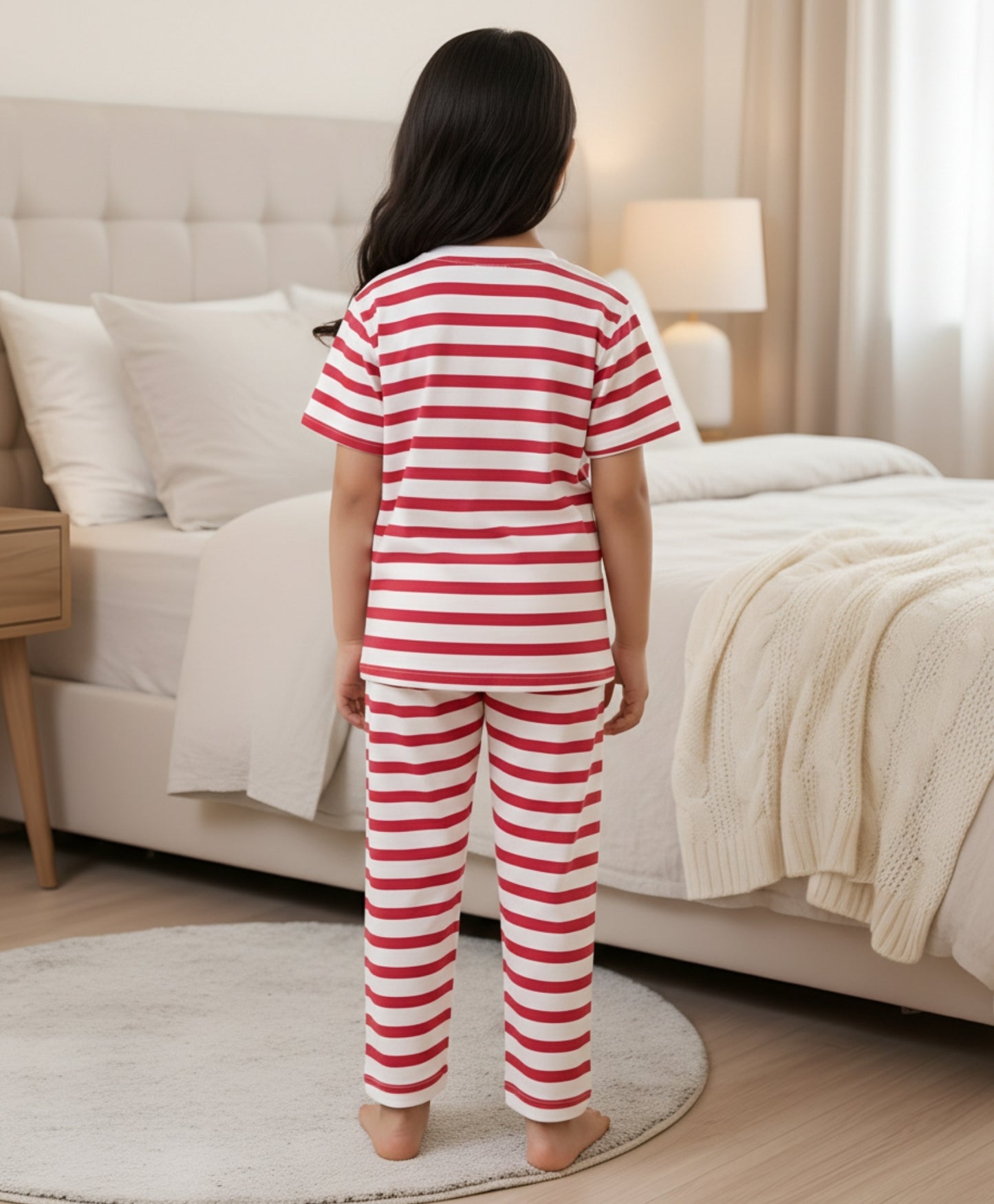 RED WHITE STRIPE SHORT GIRLS SLEEVE PYJAMA SET - RED/WHITE