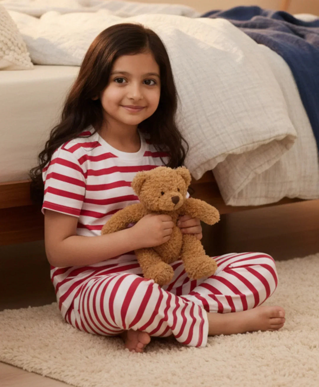 Red White Stripe Short Girls Sleeve Pyjama Set - Red/White