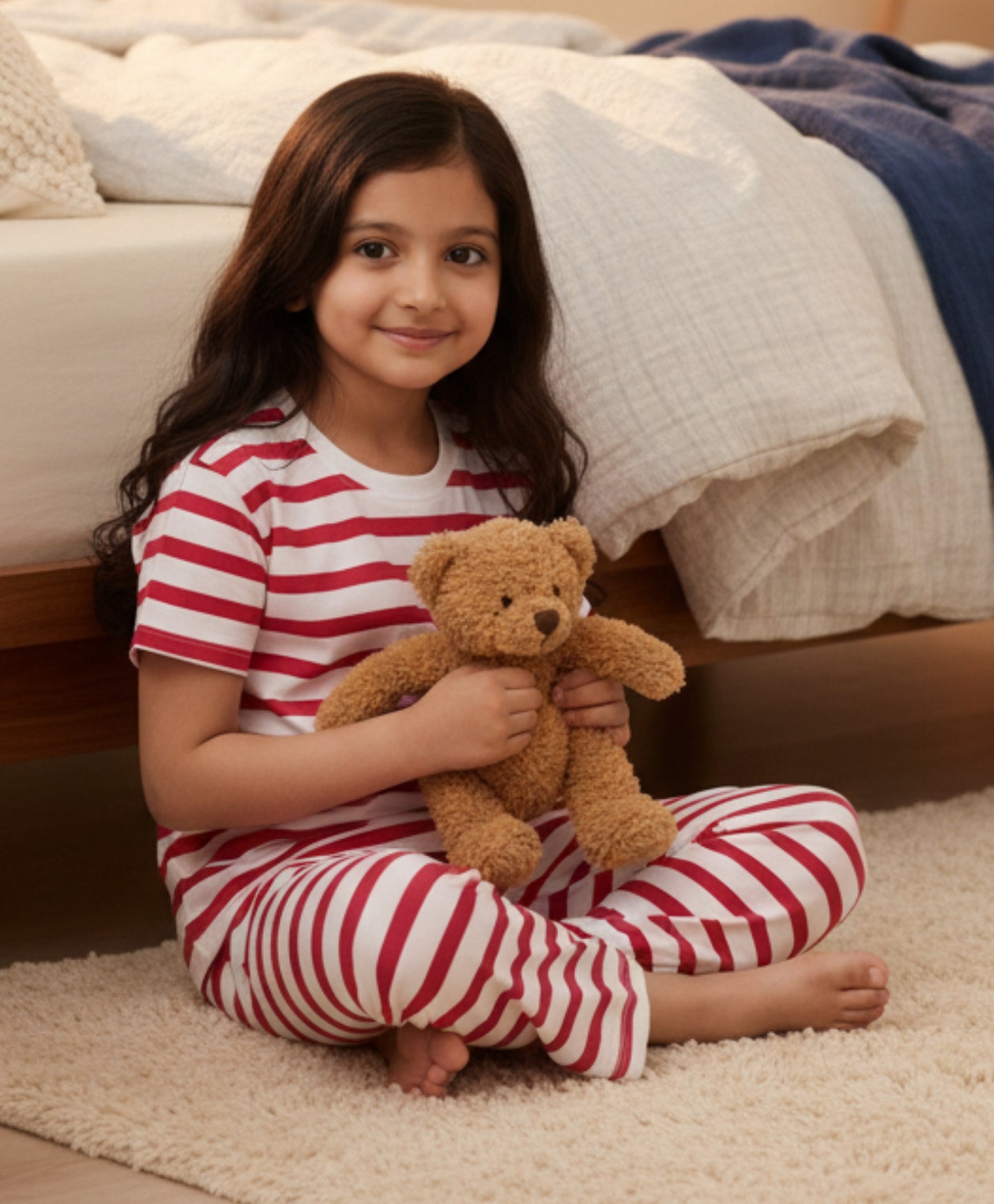 RED WHITE STRIPE SHORT GIRLS SLEEVE PYJAMA SET - RED/WHITE