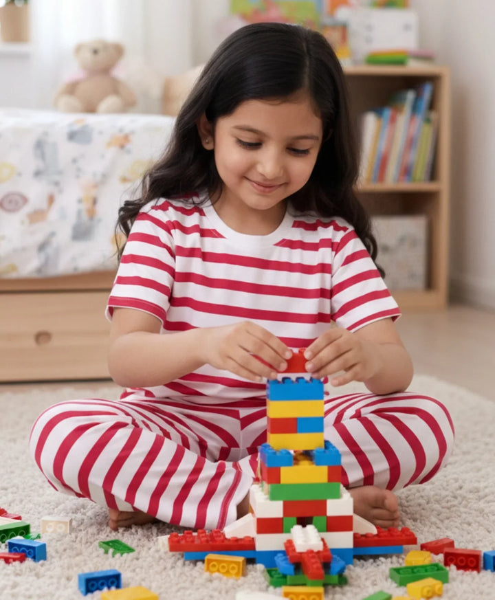Red White Stripe Short Girls Sleeve Pyjama Set - Red/White