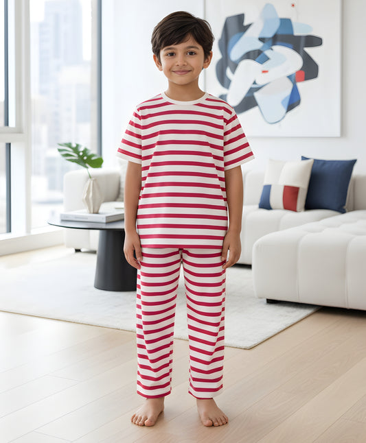 RED WHITE STRIPE SHORT SLEEVE PYJAMA SET - RED/WHITE