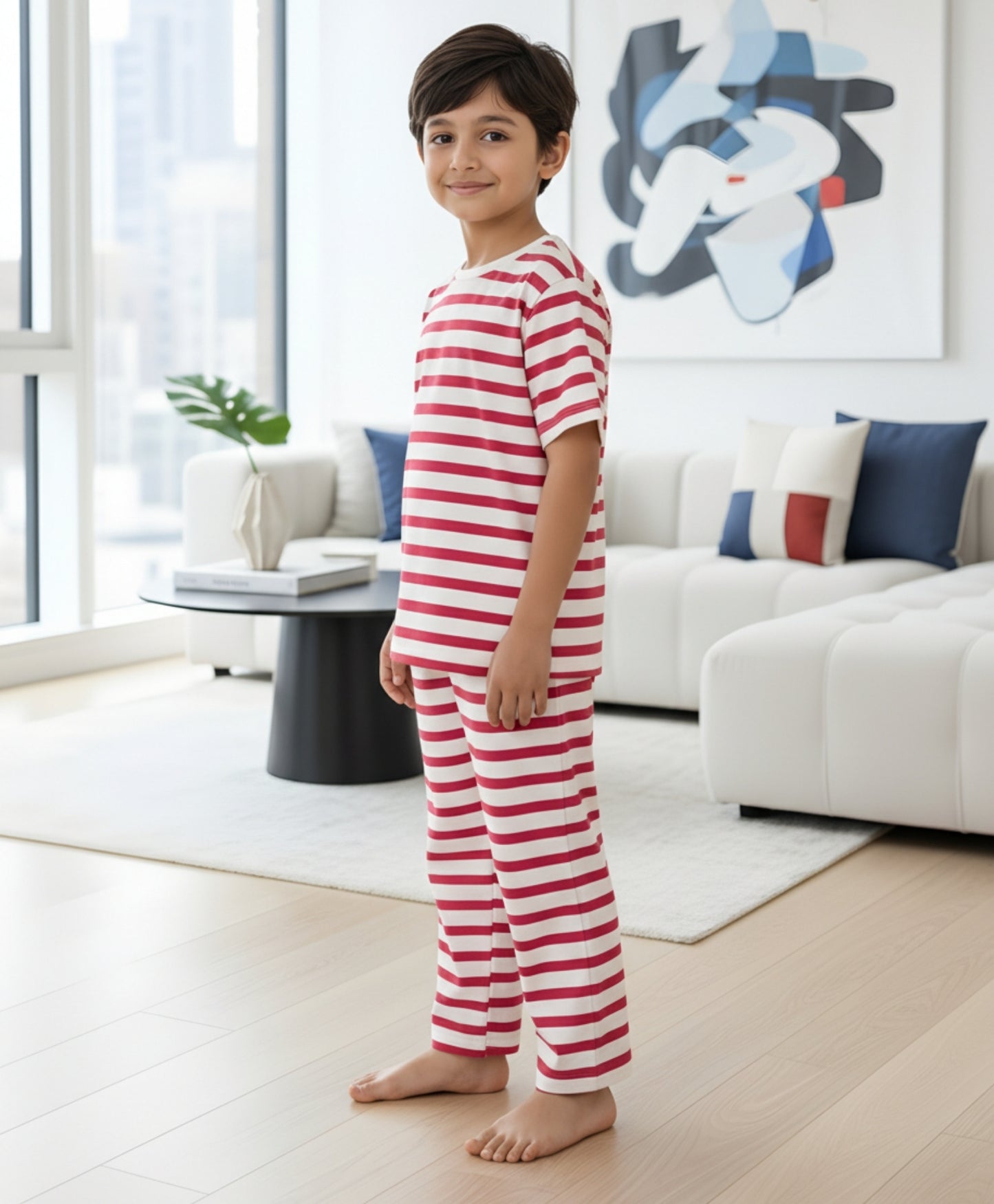RED WHITE STRIPE SHORT SLEEVE PYJAMA SET - RED/WHITE