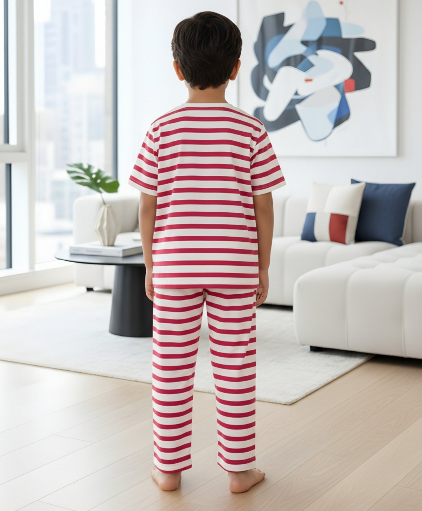 RED WHITE STRIPE SHORT SLEEVE PYJAMA SET - RED/WHITE