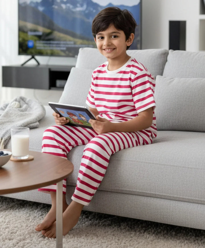RED WHITE STRIPE SHORT SLEEVE PYJAMA SET - RED/WHITE - Anthrilo 