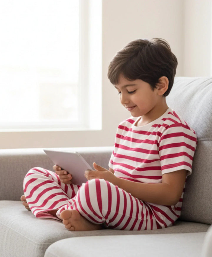 RED WHITE STRIPE SHORT SLEEVE PYJAMA SET - RED/WHITE - Anthrilo 