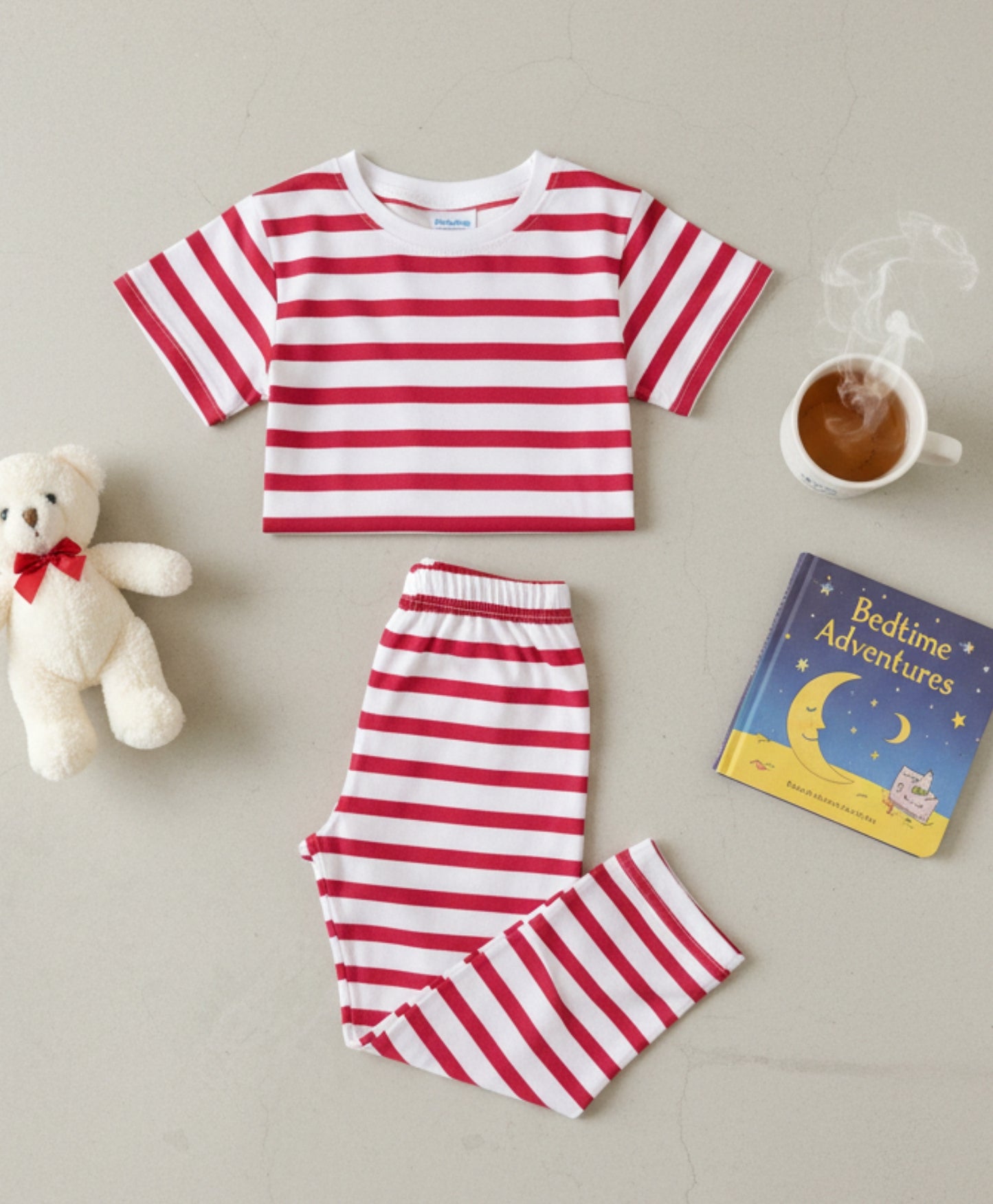 RED WHITE STRIPE SHORT SLEEVE PYJAMA SET - RED/WHITE