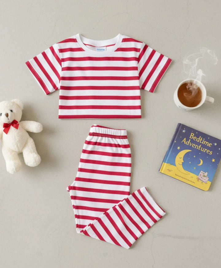 RED WHITE STRIPE SHORT SLEEVE PYJAMA SET - RED/WHITE - Anthrilo 