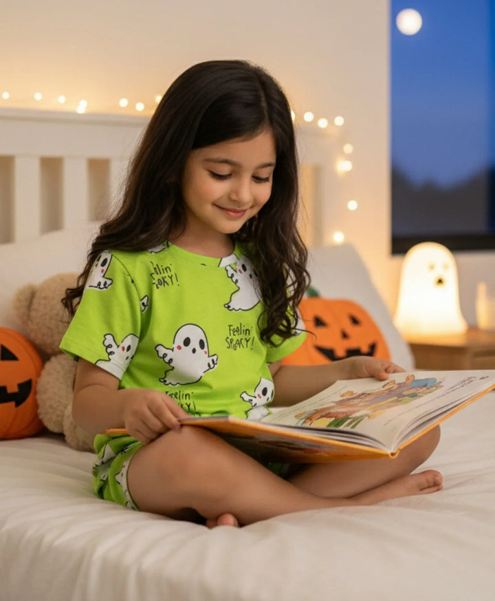 SPOOKY GIRLS SLEEPWEAR SHORT SET - LIME GREEN - Anthrilo 