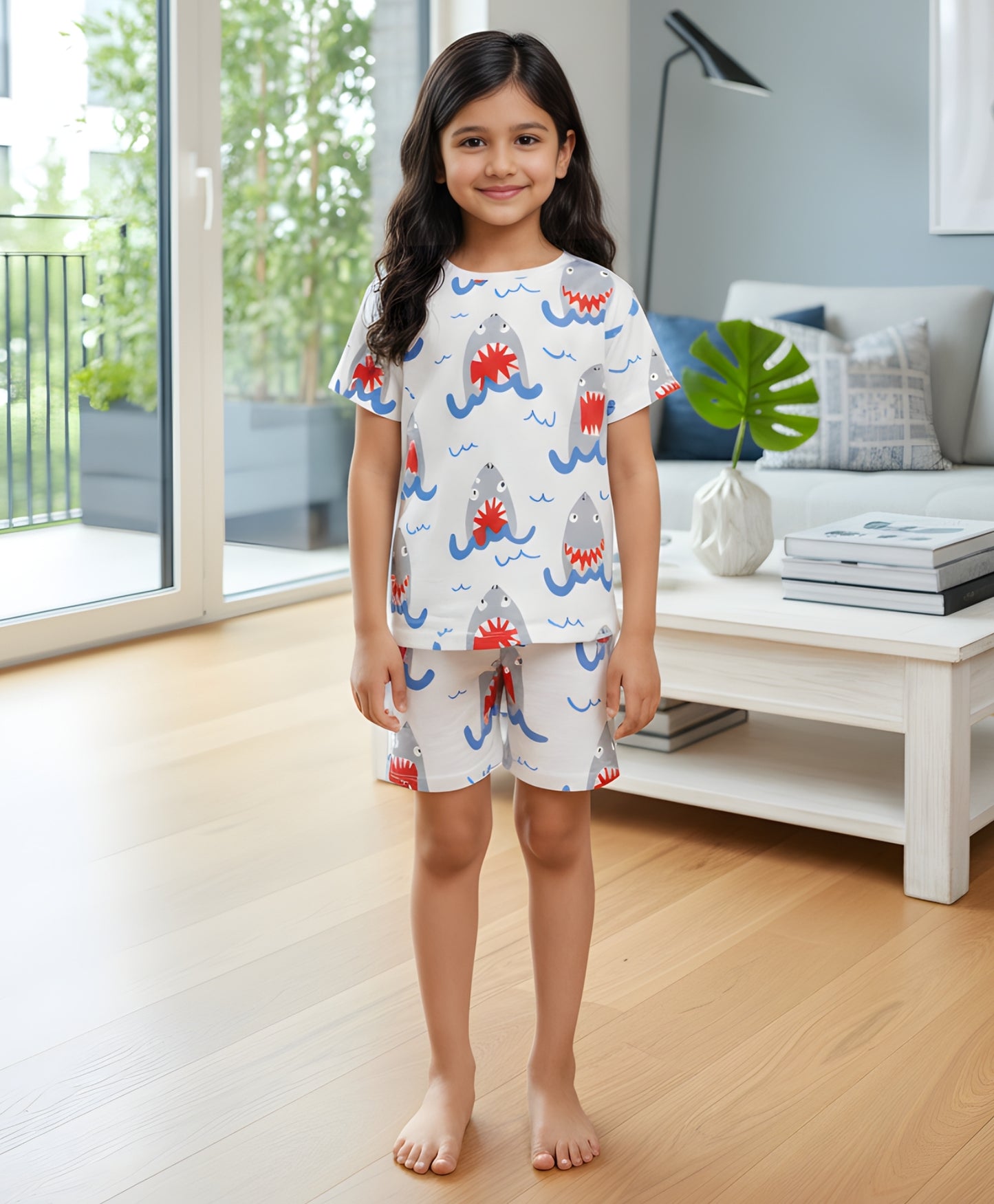 SLEEPY SHARK GIRLS SLEEPWEAR SHORT SET - WHITE