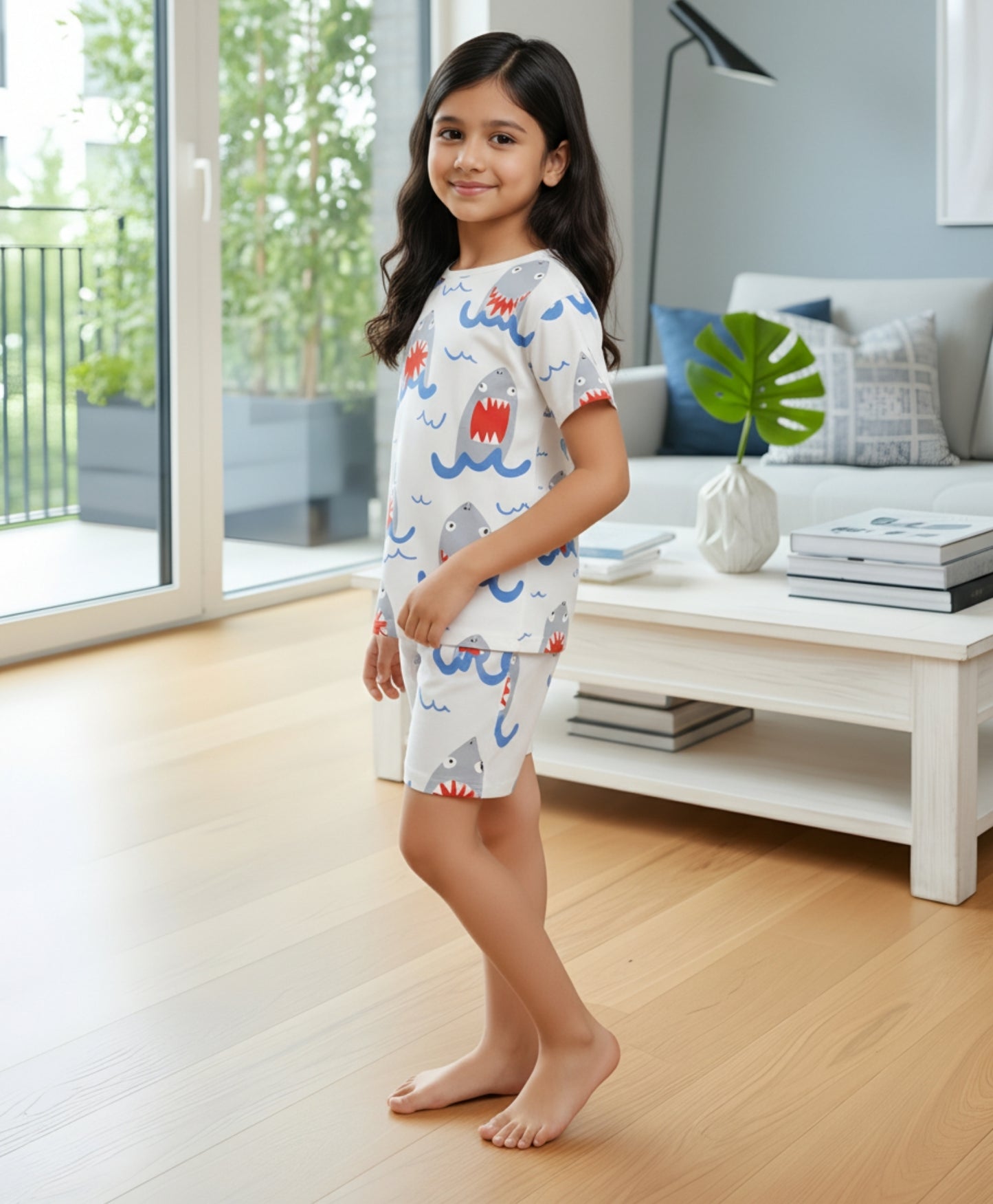 SLEEPY SHARK GIRLS SLEEPWEAR SHORT SET - WHITE
