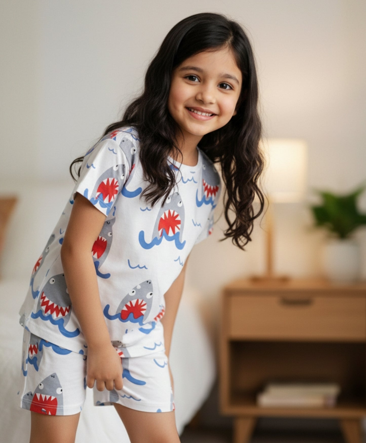 SLEEPY SHARK GIRLS SLEEPWEAR SHORT SET - WHITE