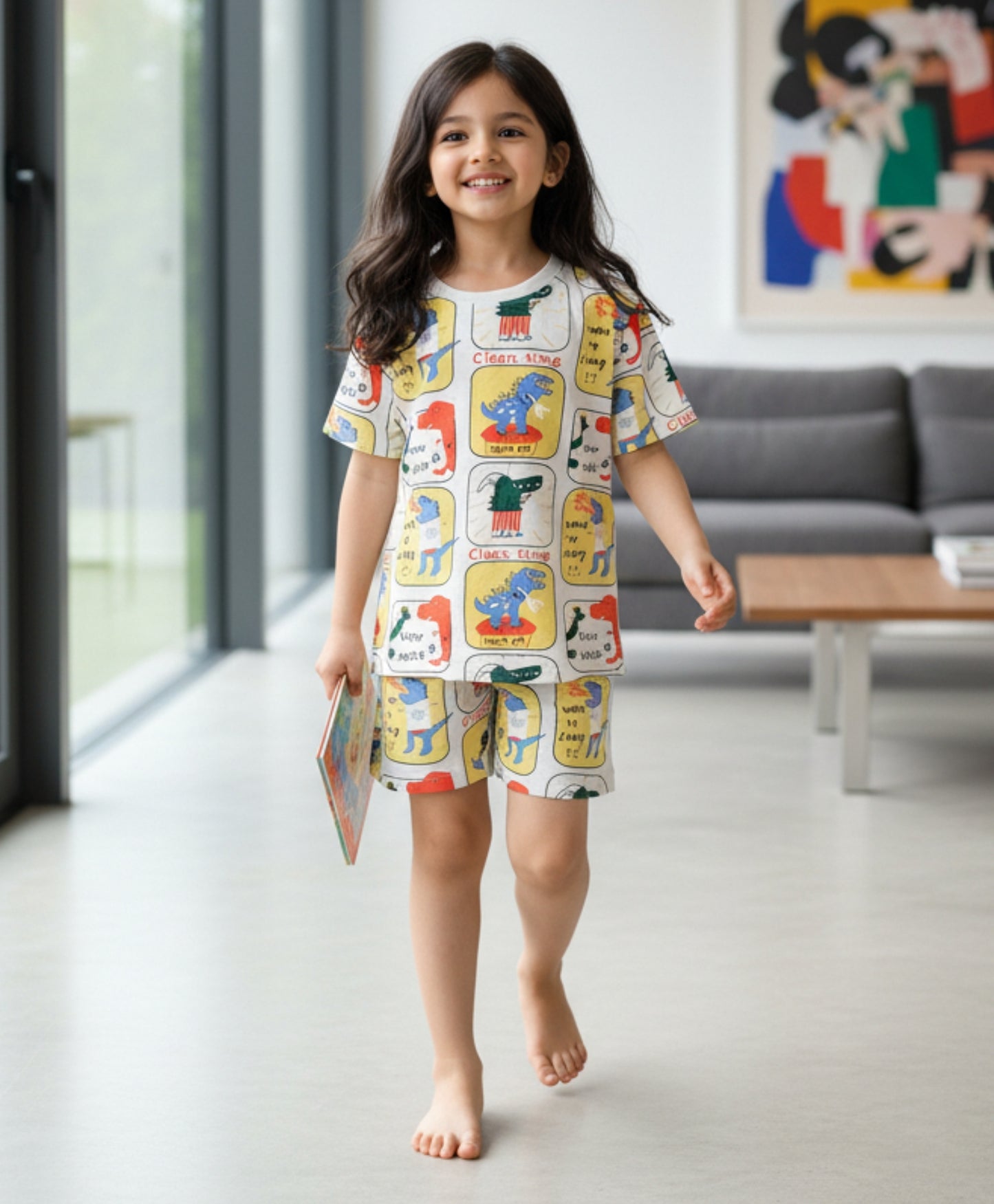DINOSAUR STAMP GIRLS SLEEPWEAR SHORT SET - WHITE