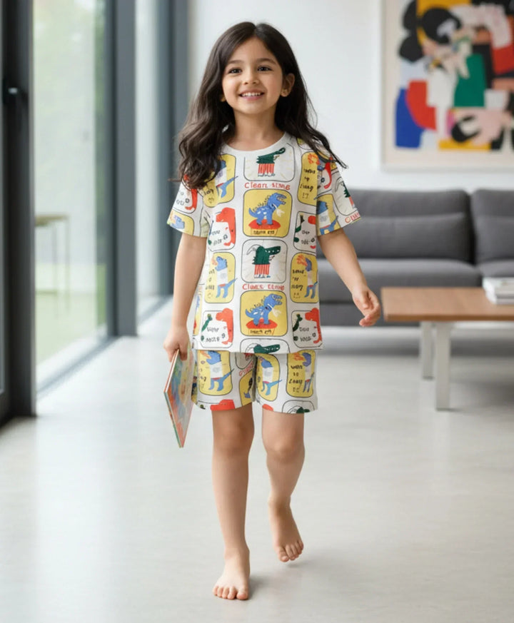 DINOSAUR STAMP GIRLS SLEEPWEAR SHORT SET - WHITE - Anthrilo 