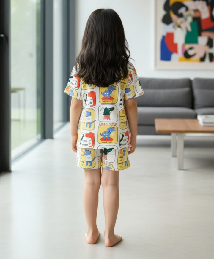 DINOSAUR STAMP GIRLS SLEEPWEAR SHORT SET - WHITE - Anthrilo 