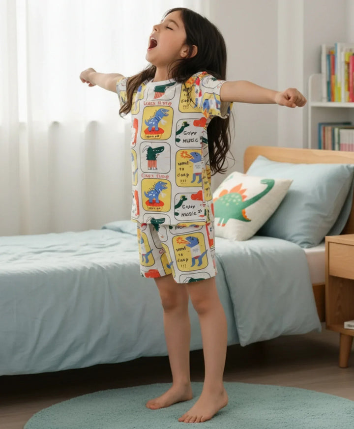 DINOSAUR STAMP GIRLS SLEEPWEAR SHORT SET - WHITE - Anthrilo 