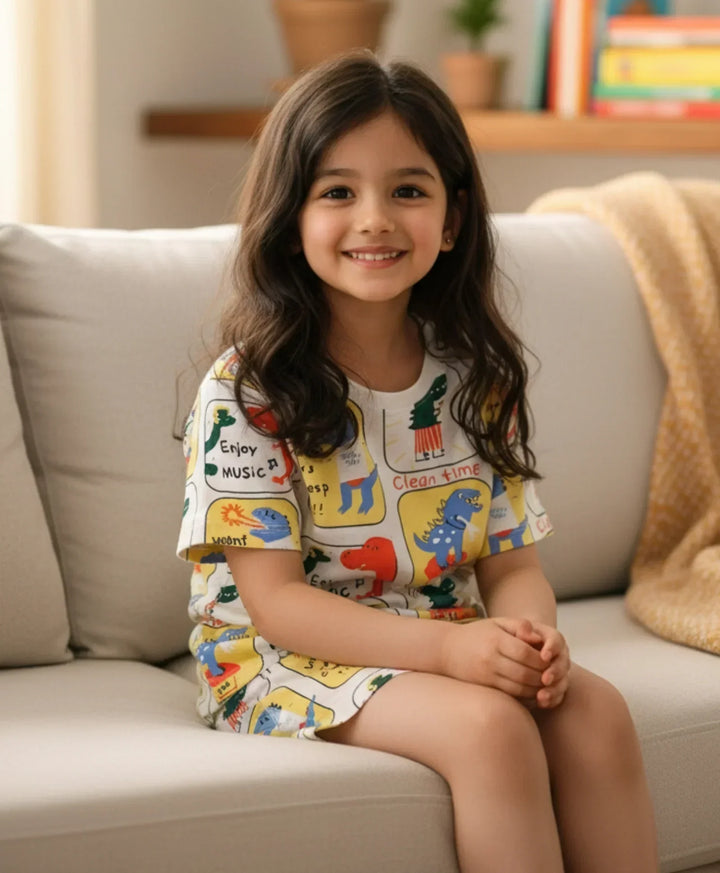 DINOSAUR STAMP GIRLS SLEEPWEAR SHORT SET - WHITE - Anthrilo 