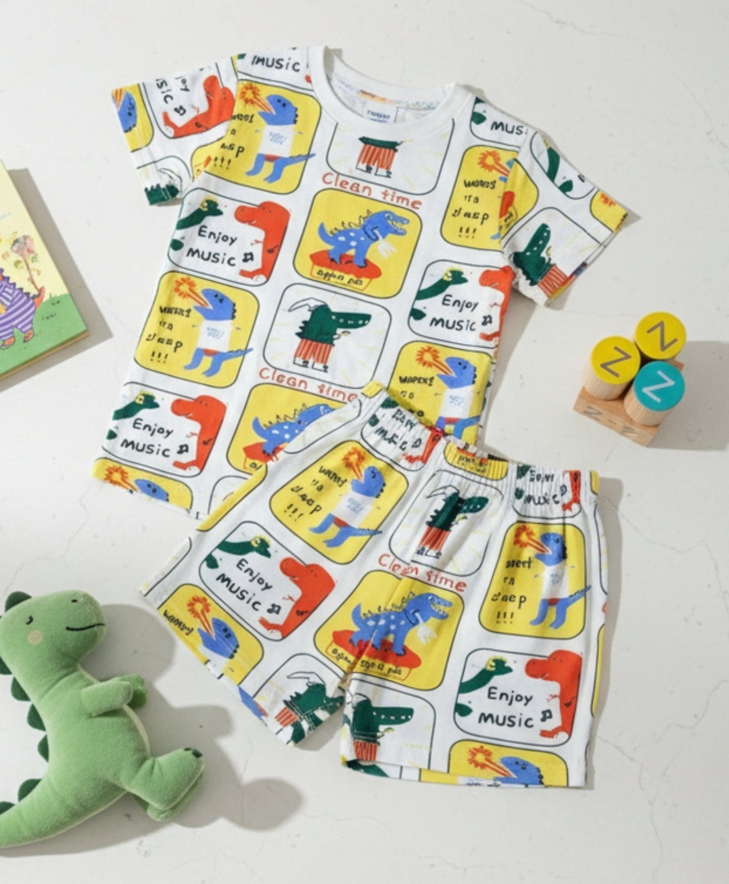 DINOSAUR STAMP GIRLS SLEEPWEAR SHORT SET - WHITE