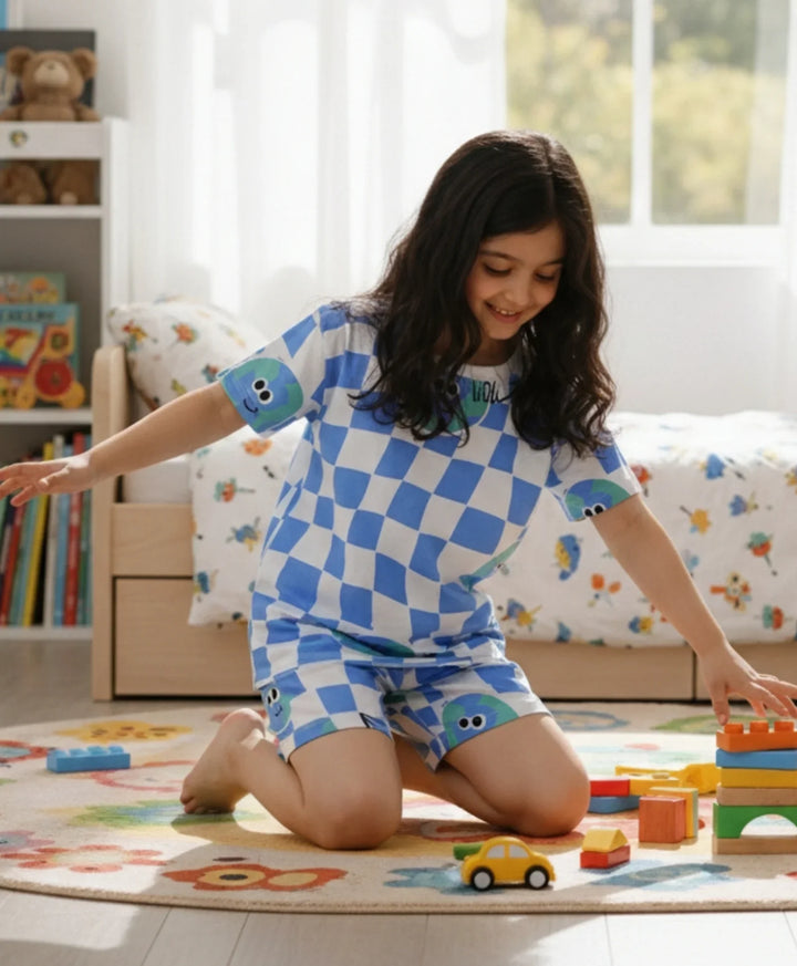 GLOBE CHECK GIRLS SLEEPWEAR SHORT SET - WHITE - Anthrilo 