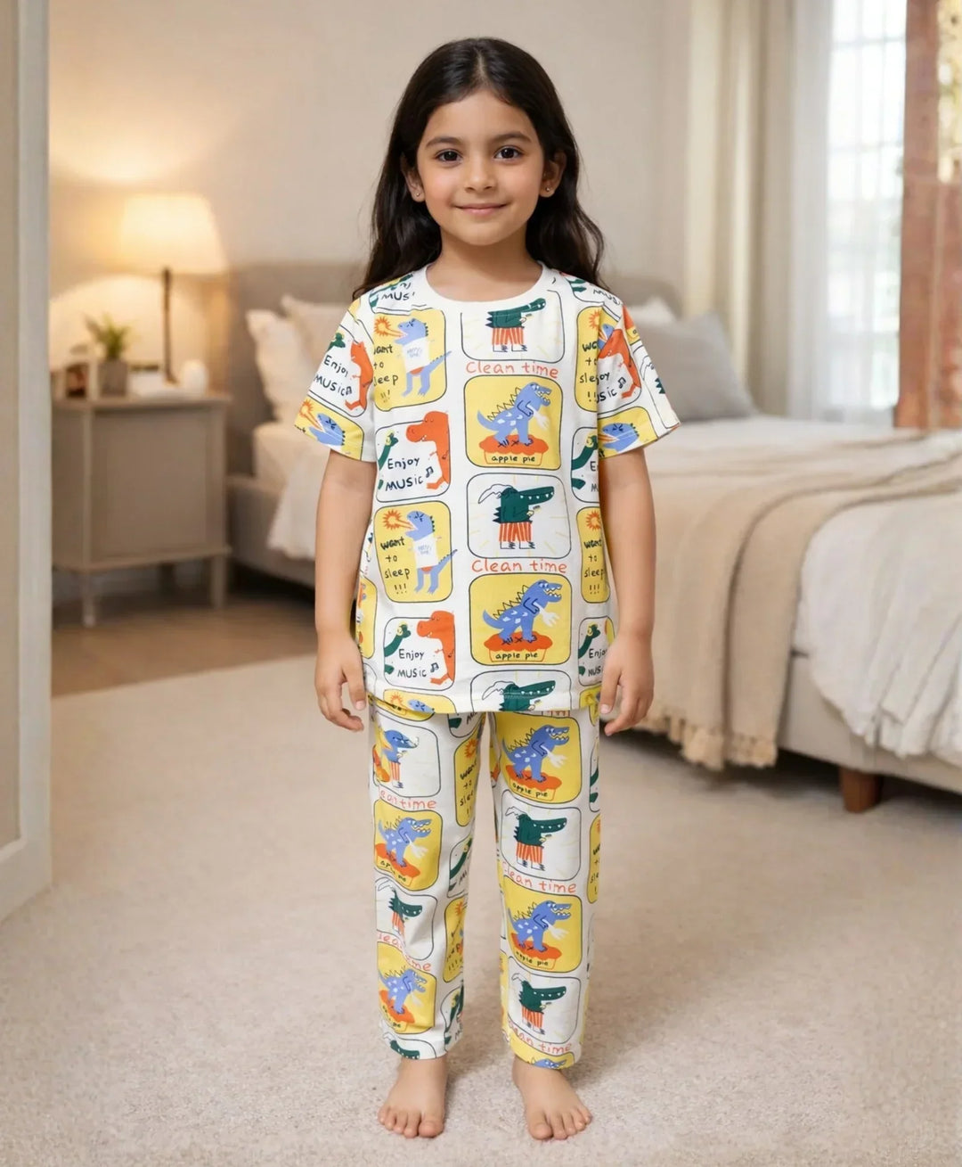 DINOSAUR STAMP GIRLS SHORT SLEEVE PYJAMA SET - YELLOW - Anthrilo 