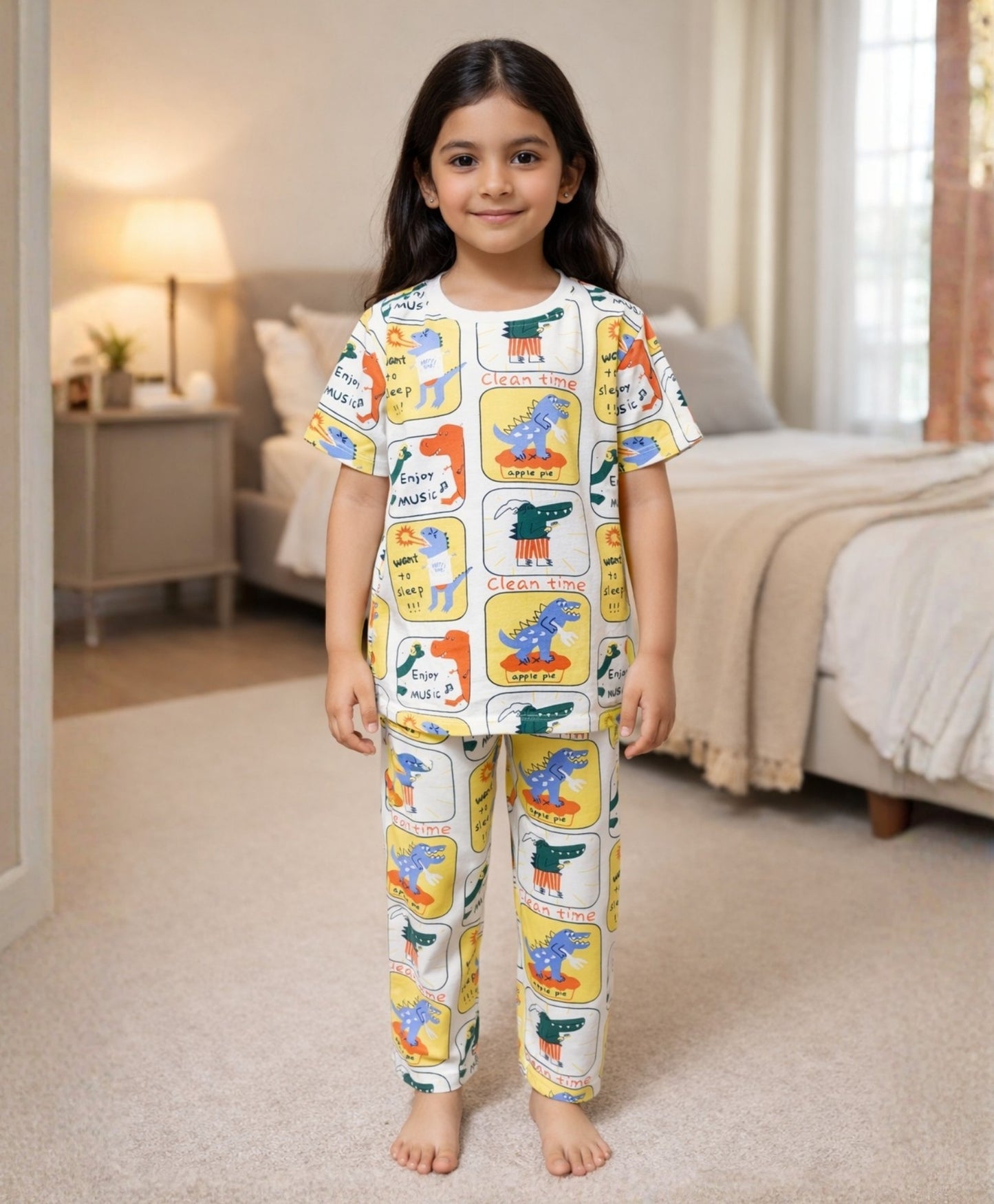 DINOSAUR STAMP GIRLS SHORT SLEEVE PYJAMA SET - YELLOW