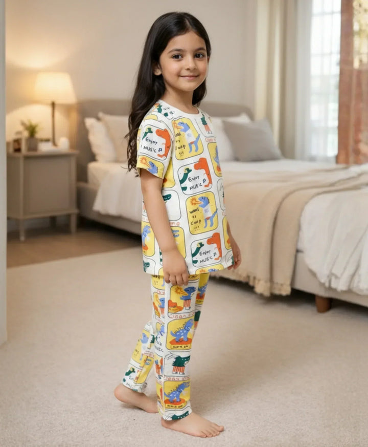 DINOSAUR STAMP GIRLS SHORT SLEEVE PYJAMA SET - YELLOW - Anthrilo 