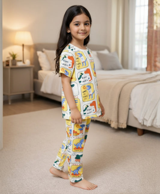 DINOSAUR STAMP SHORT SLEEVE PYJAMA SET - WHITE