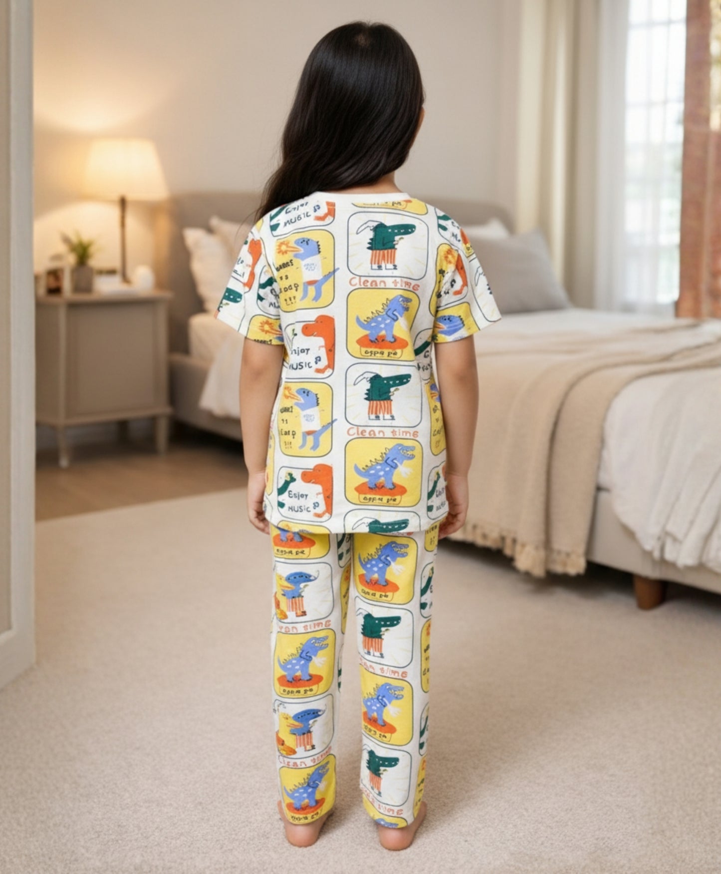 DINOSAUR STAMP GIRLS SHORT SLEEVE PYJAMA SET - YELLOW