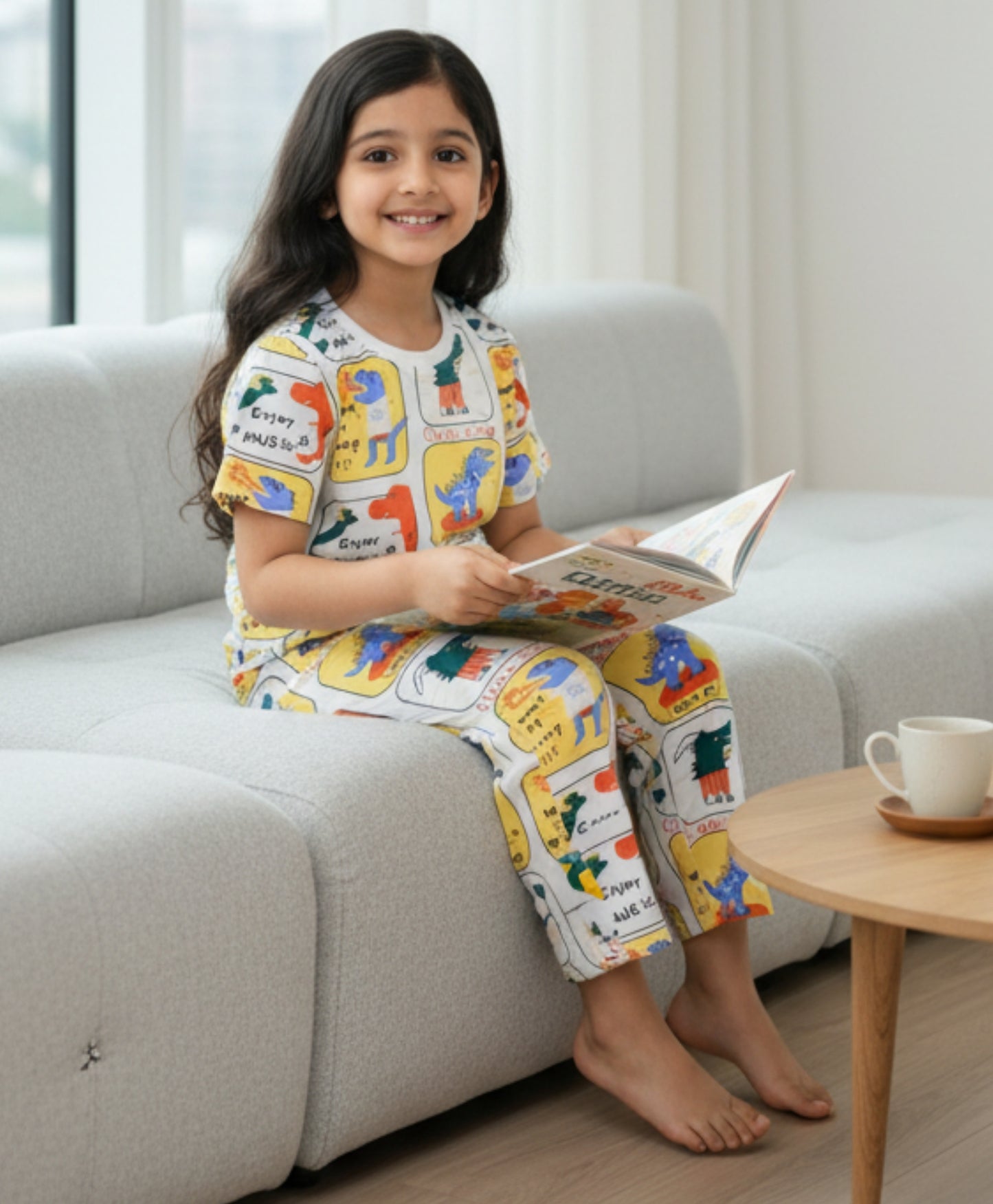DINOSAUR STAMP GIRLS SHORT SLEEVE PYJAMA SET - YELLOW