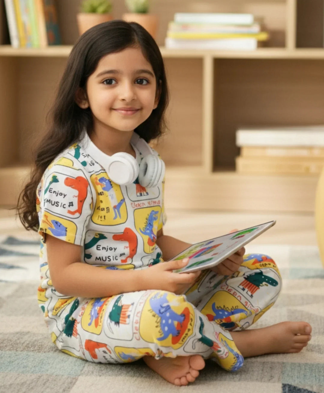 DINOSAUR STAMP GIRLS SHORT SLEEVE PYJAMA SET - YELLOW - Anthrilo 