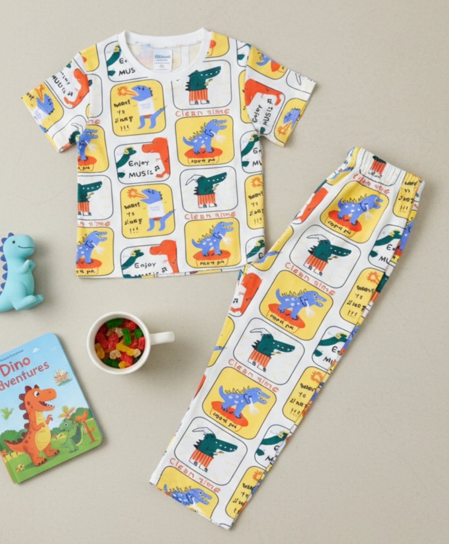 DINOSAUR STAMP GIRLS SHORT SLEEVE PYJAMA SET - YELLOW