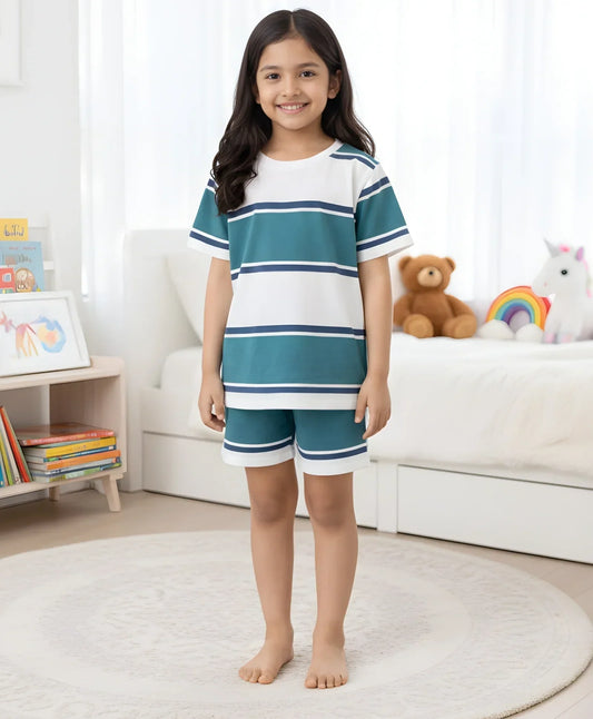 OIL GREEN NAVY WHITE GIRLS STRIPES SLEEPWEAR SHORT SET - OIL GREEN/NAVY/WHITE - Anthrilo 