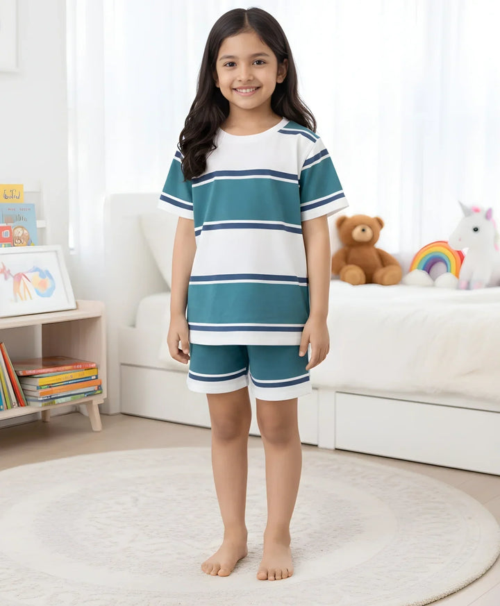 OIL GREEN NAVY WHITE GIRLS STRIPES SLEEPWEAR SHORT SET - OIL GREEN/NAVY/WHITE - Anthrilo 