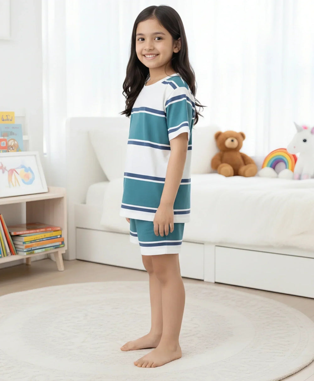 OIL GREEN NAVY WHITE GIRLS STRIPES SLEEPWEAR SHORT SET - OIL GREEN/NAVY/WHITE - Anthrilo 