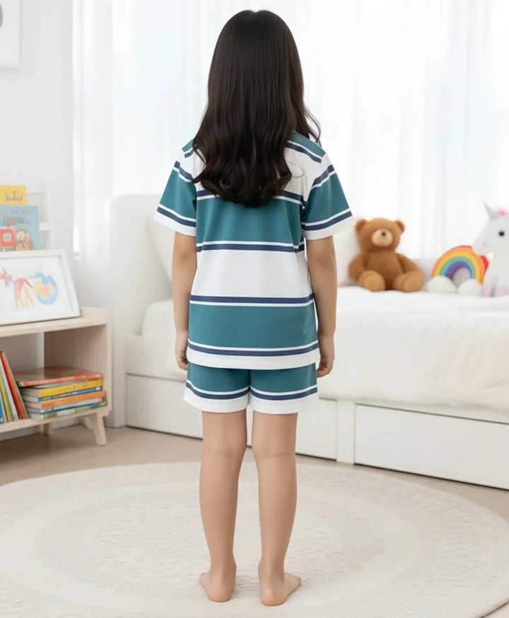 OIL GREEN NAVY WHITE GIRLS STRIPES SLEEPWEAR SHORT SET - OIL GREEN/NAVY/WHITE - Anthrilo 