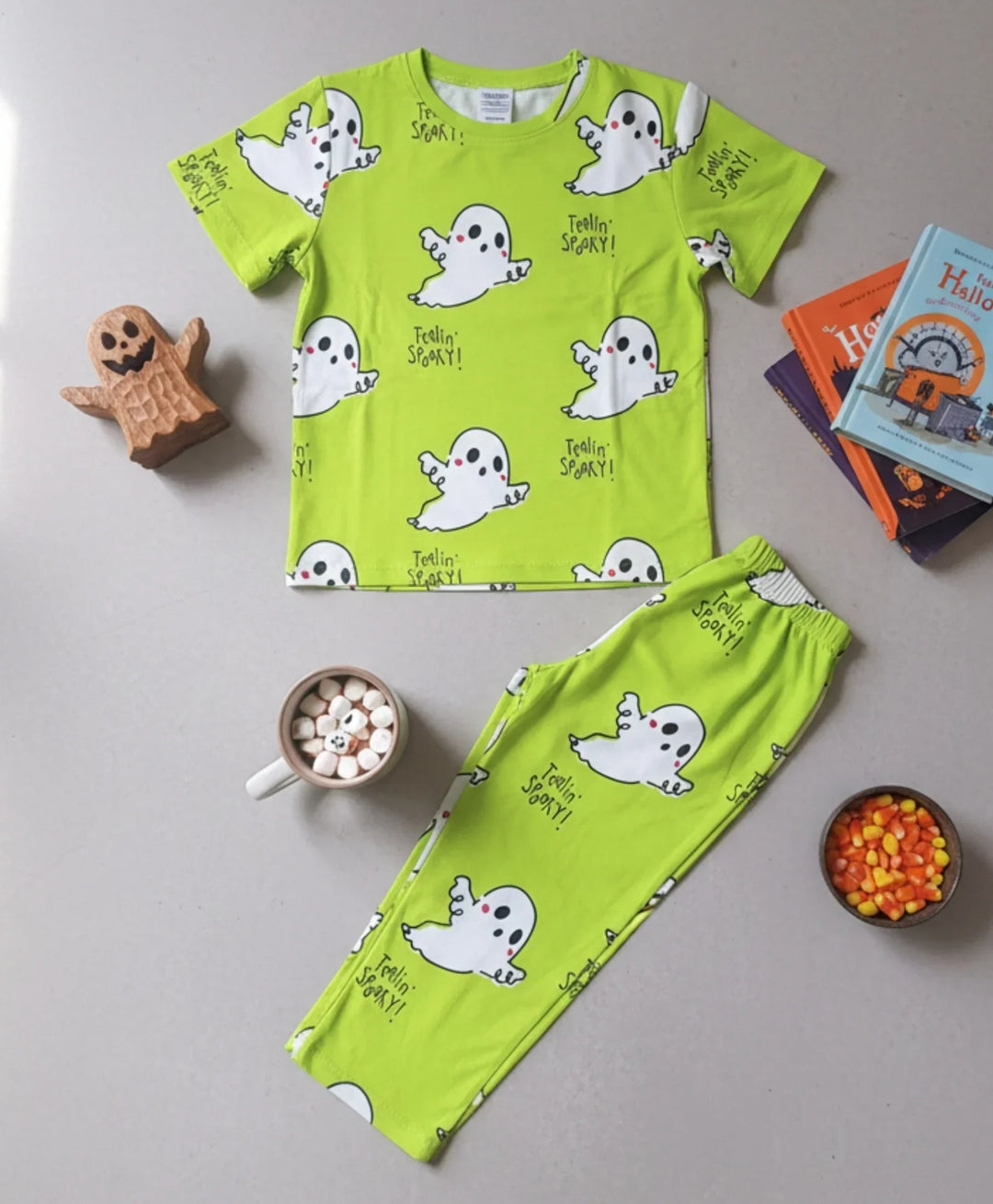 SPOOKY SHORT SLEEVE PYJAMA SET - LIME GREEN - Anthrilo 