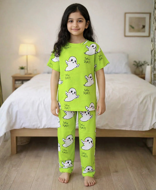 SPOOKY GIRLS SHORT SLEEVE PYJAMA SET - LIME GREEN