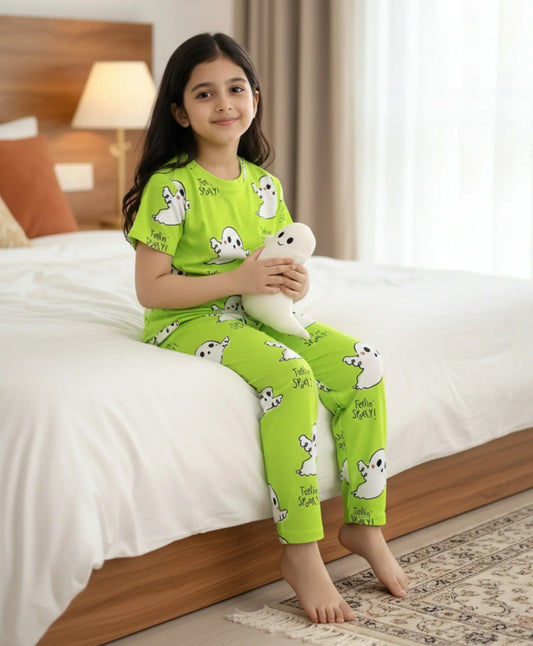 SPOOKY GIRLS SHORT SLEEVE PYJAMA SET - LIME GREEN