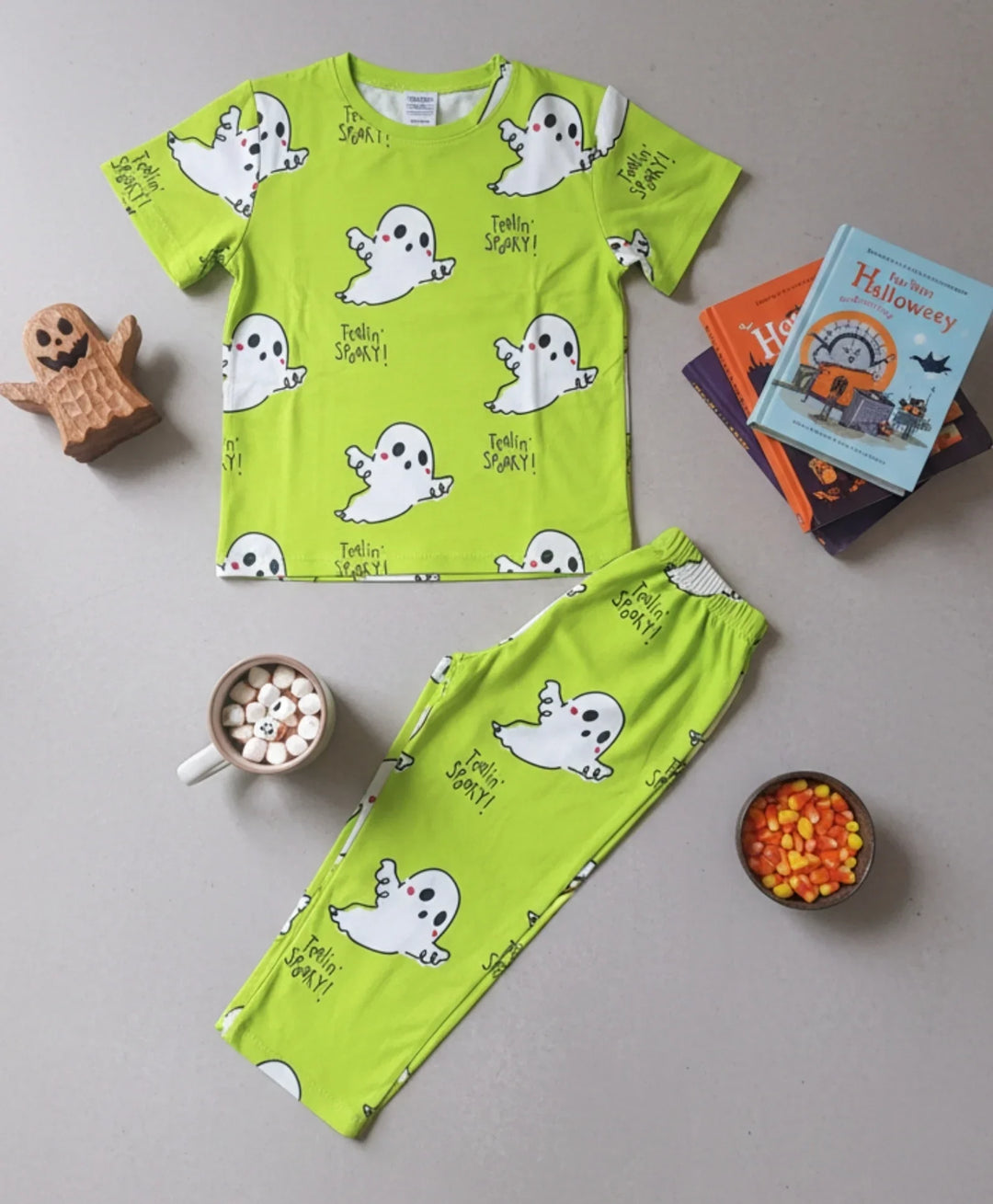Spooky Girls Short Sleeve Pyjama Set - Lime Green