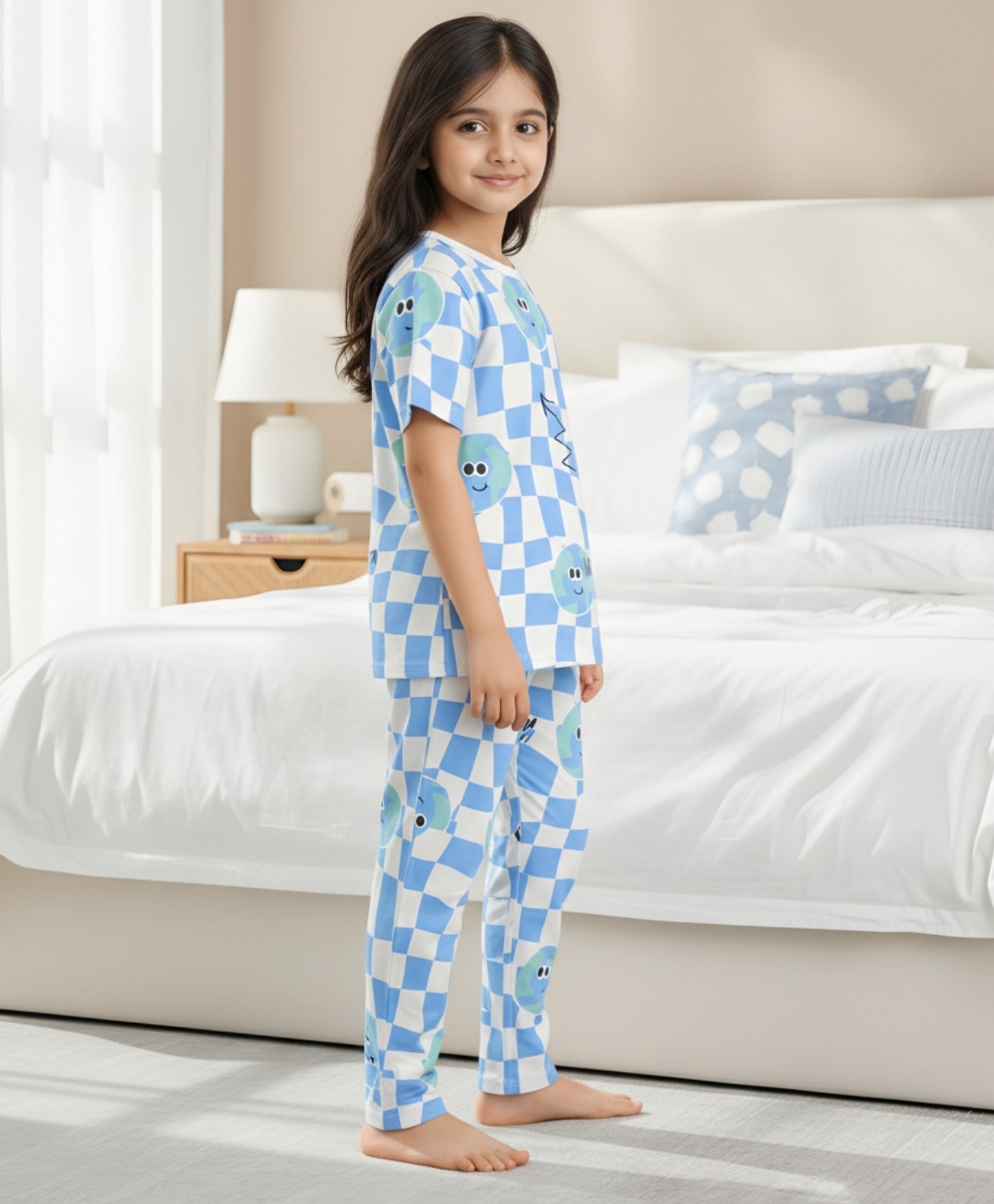 GLOBE CHECK GIRLS SHORT SLEEVE PYJAMA SET - WHITE